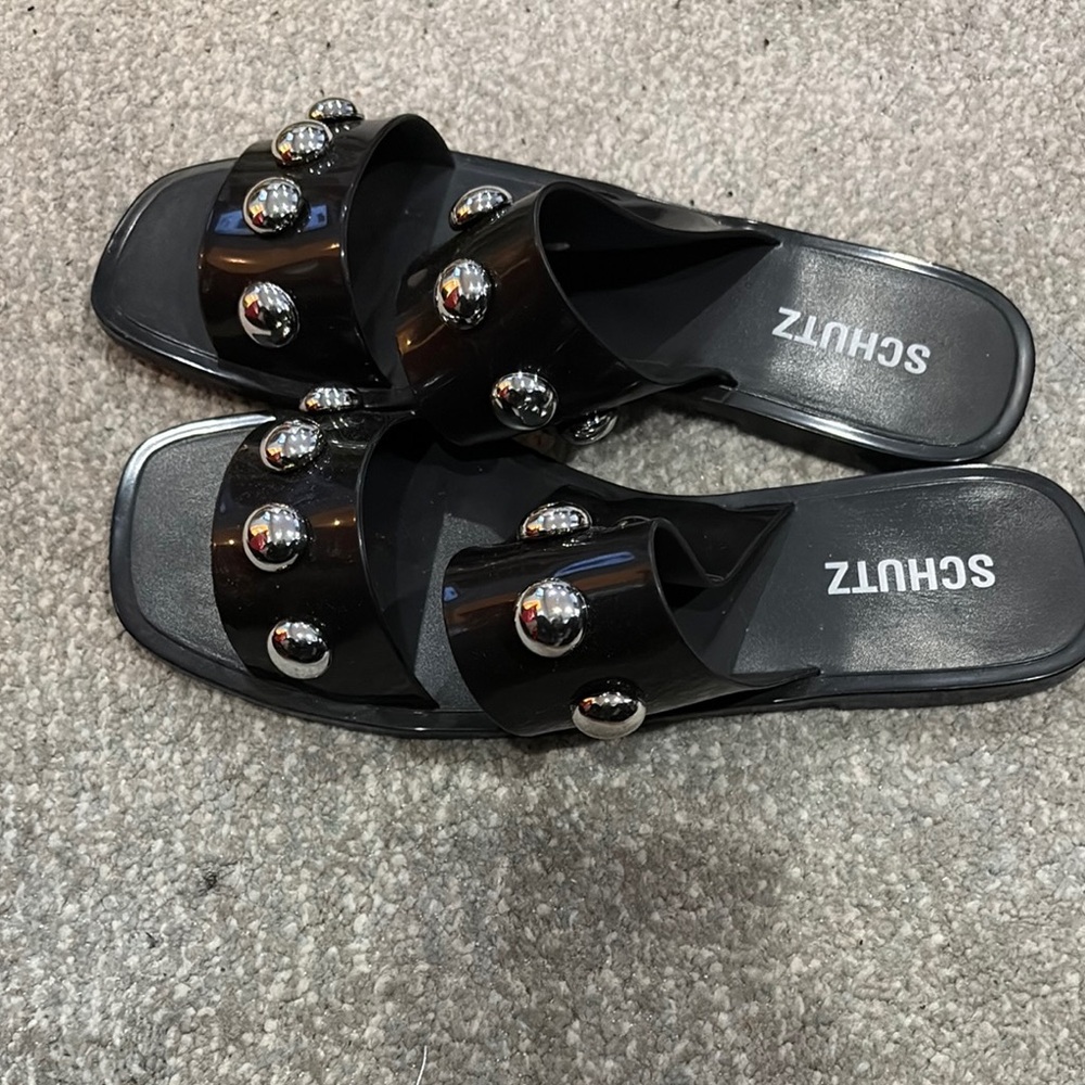 Schutz Black Slide Sandals with Silver Accents - Picture 2 of 4